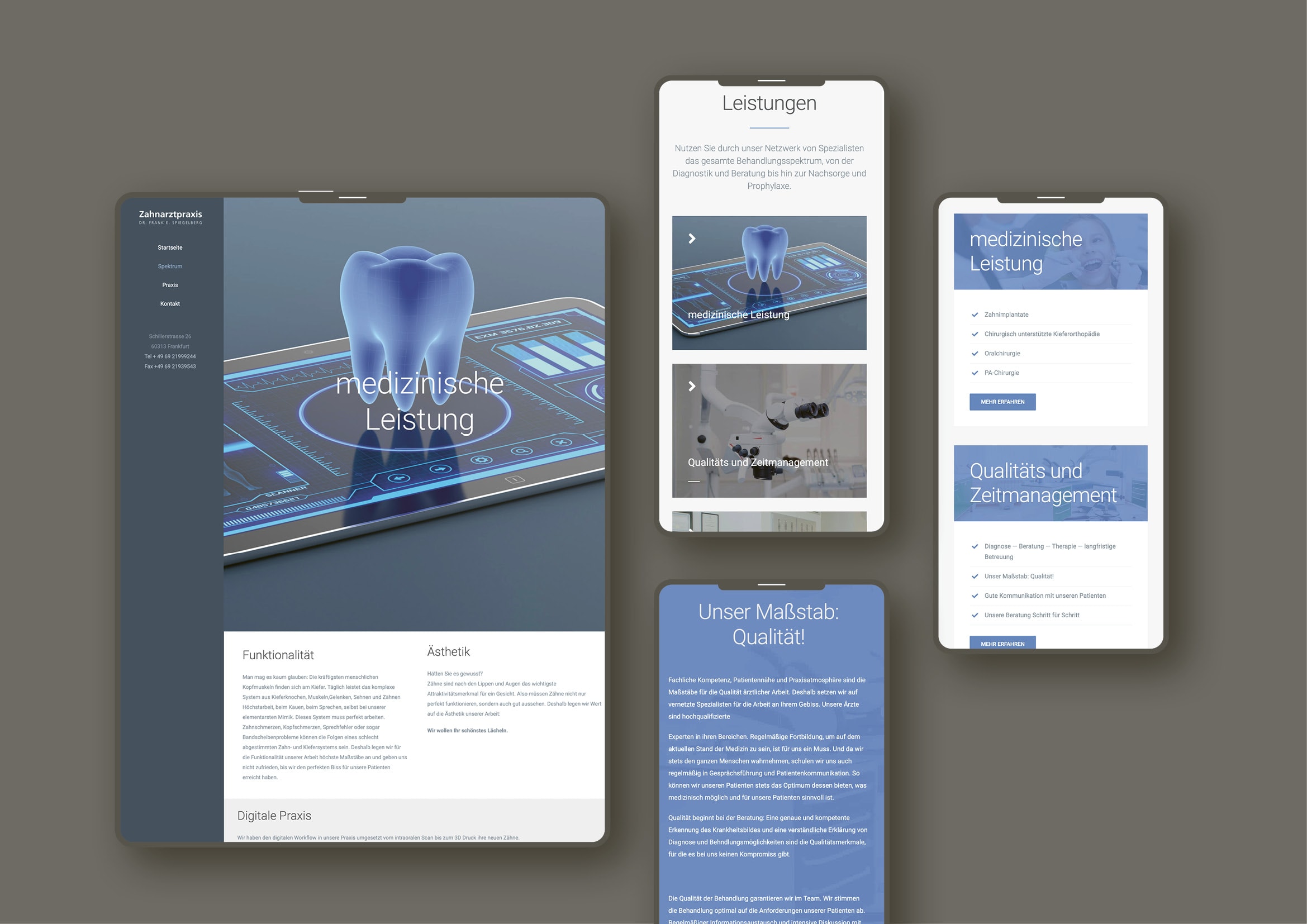 Homepage Entwicklung für digitale Zahnarztpraxis Startseite Homepage Entwicklung für Praxis Dr. Frank Spiegelberg durch Ronald Wissler Visuelle Kommunikation